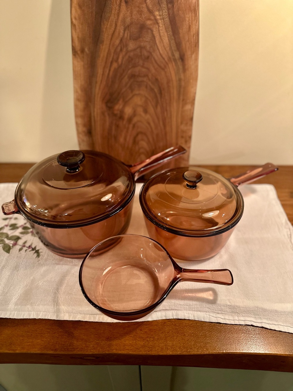 3x Vision Corning Vision Amber Saucepan Set 2x Lids Pots Pans Cookware Vintage